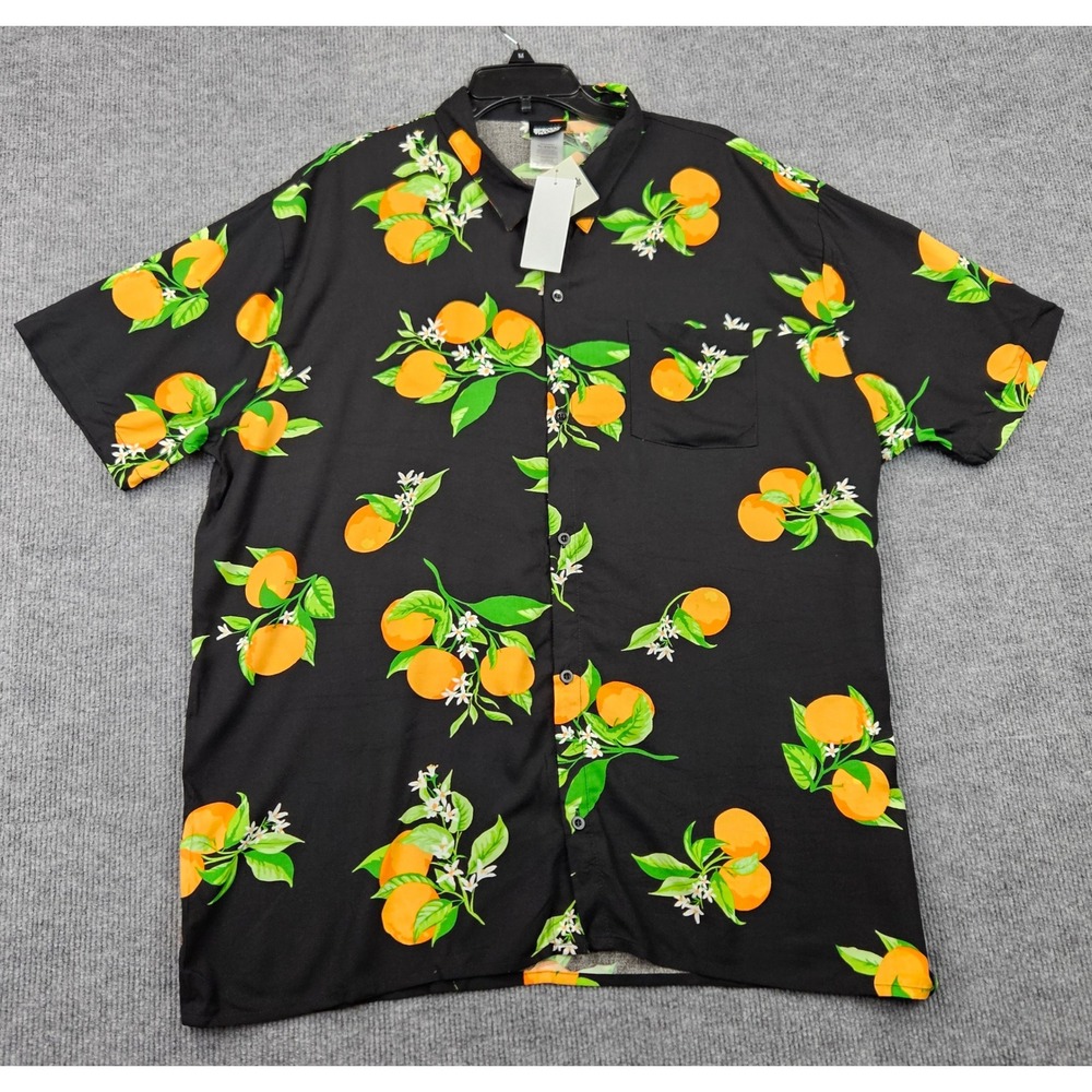 Special Thanks Mens XL Orange Fruit Floral Print Rayon Button Down Shirt Black